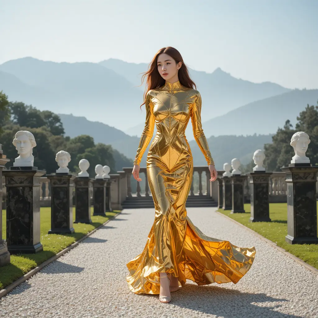 Elegant Korean woman walking in liquid gold couture gown