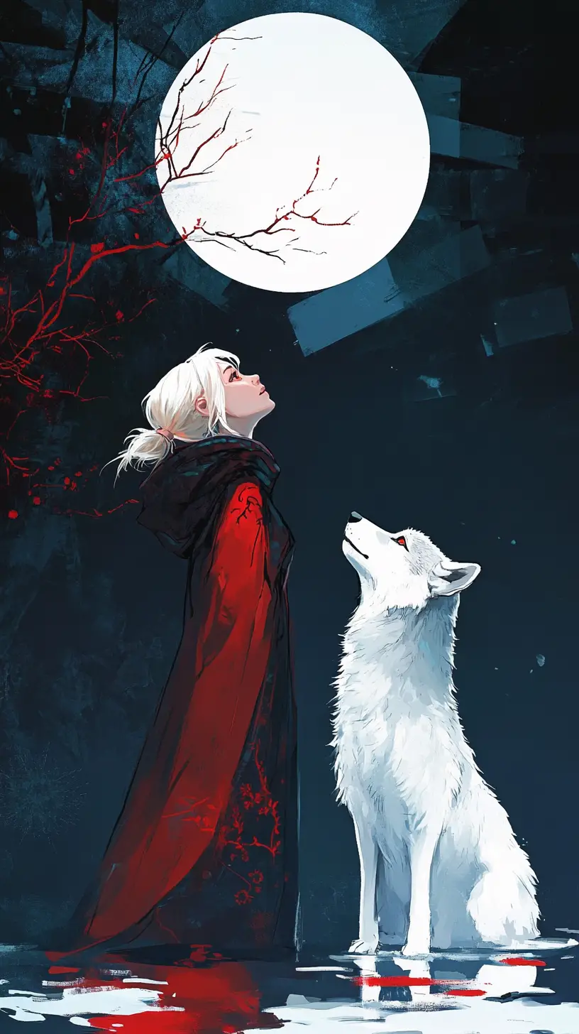 Fille d’anime avec loup blanc sous un cercle bleu foncé