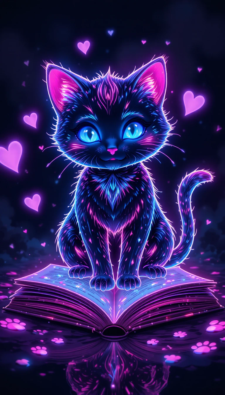 Neon cat doodle glowing on an open book with hearts