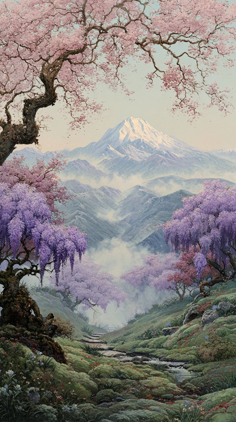 Sacred mountain and blossoms in a tranquil painted landscape
