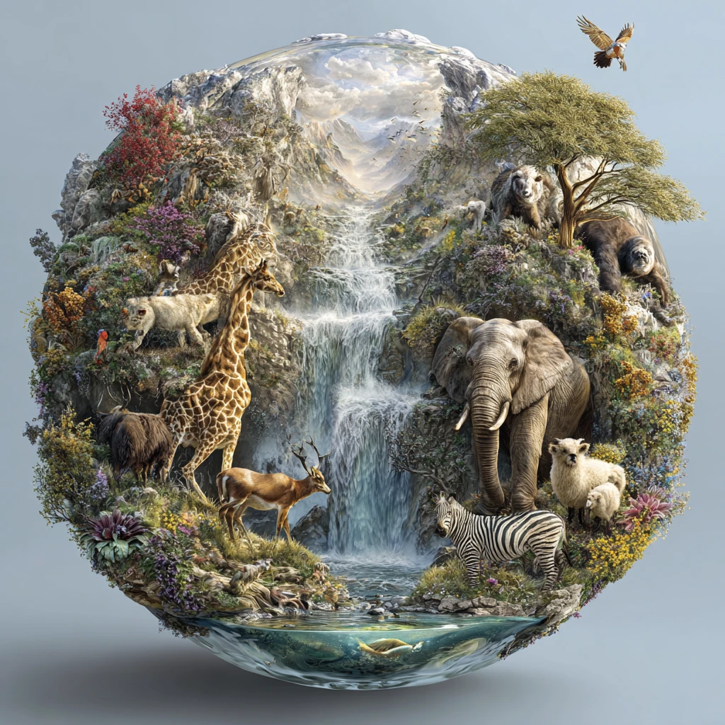Mundo esférico transparente dividido com diversos ecossistemas de animais