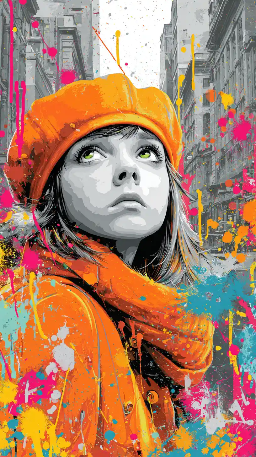 Garota pensativa de boné laranja entre grafites coloridos da cidade