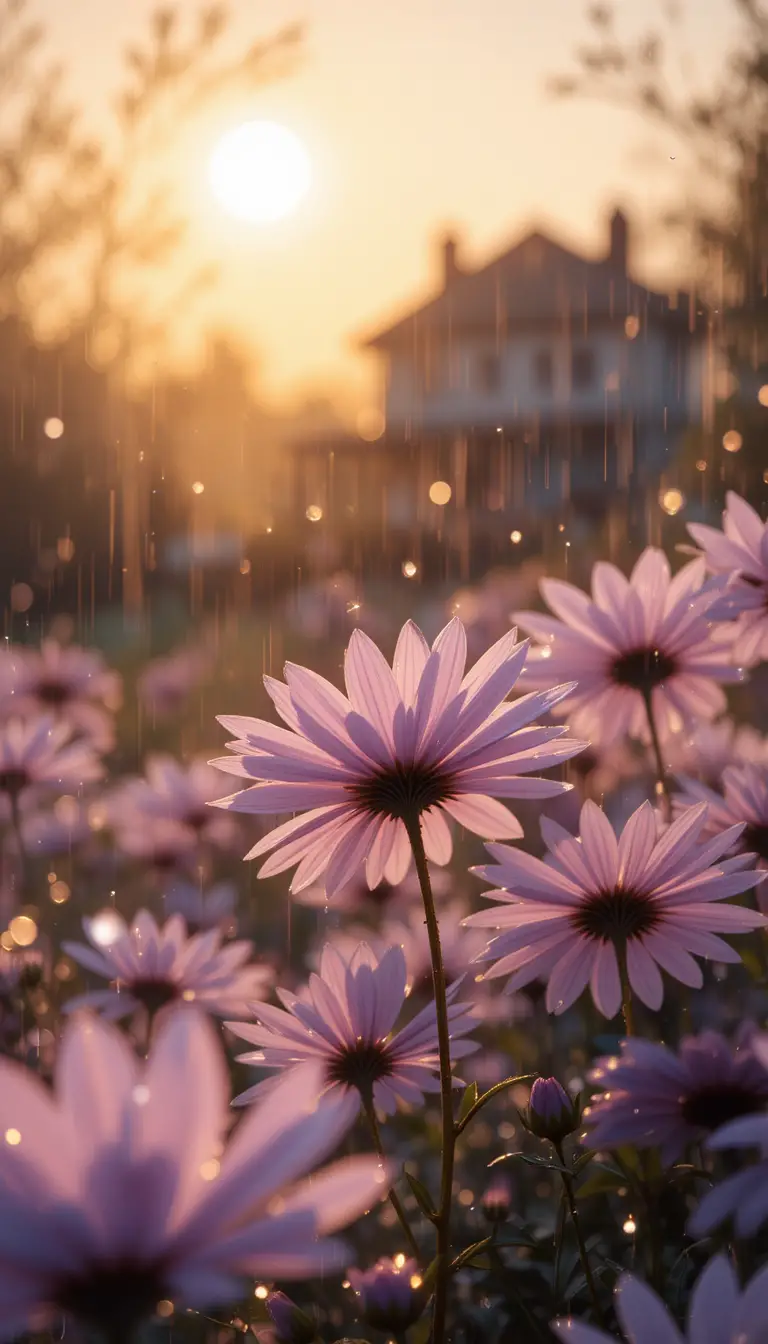 Macro chrysanthemums in warm backlit rain at golden hour