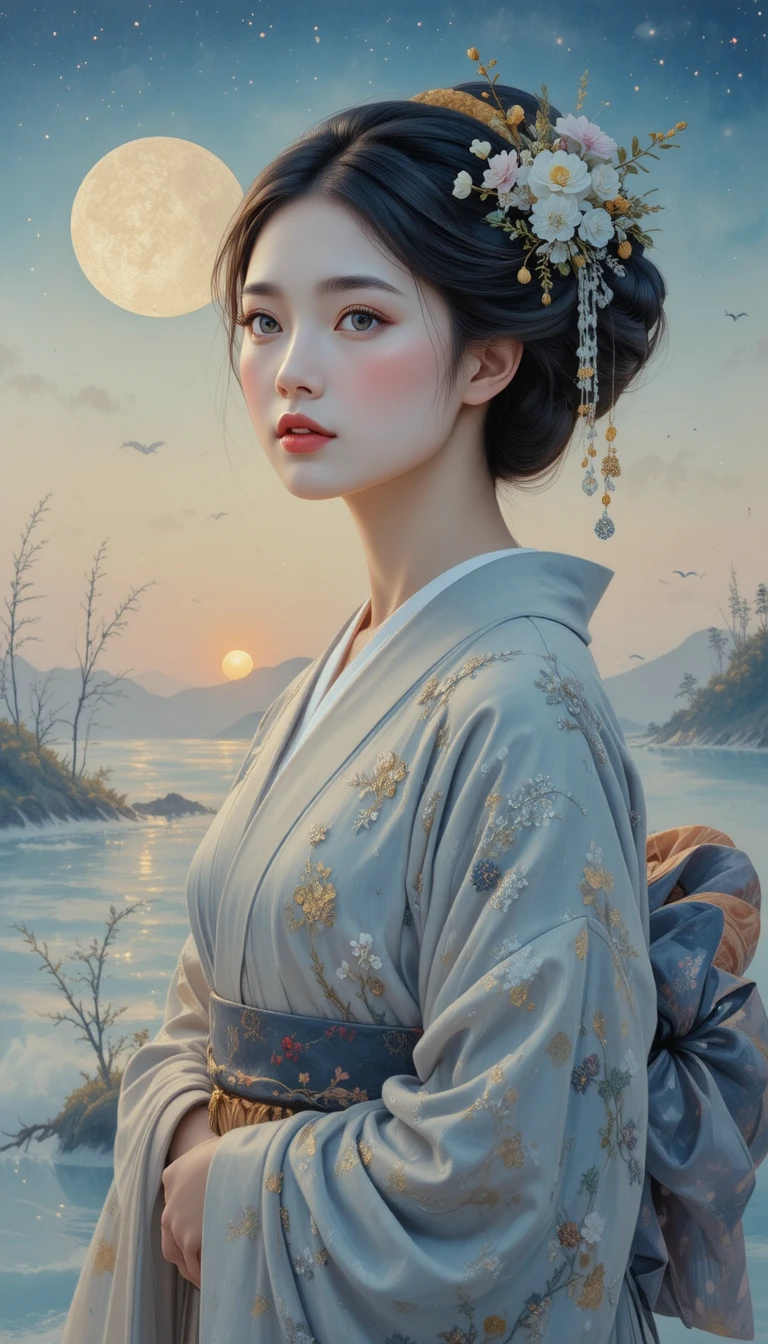 새벽녘 부드럽게 걸어가는 전통 일본 게이샤