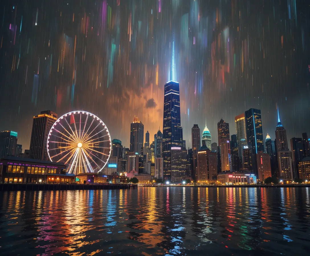 Chicago skyline in rain with prism like rainbow reflections