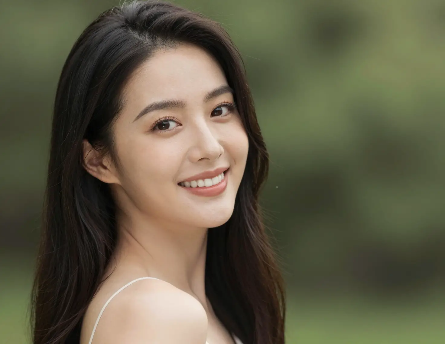 Smiling Asian woman in nature with soft blurred background