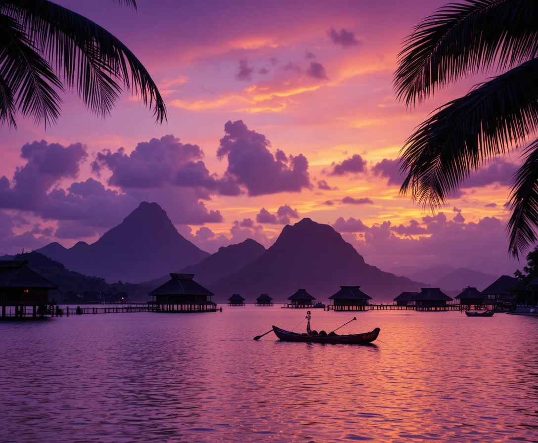 Tramonto sulla laguna di Tahiti con bungalow sull’acqua in controluce