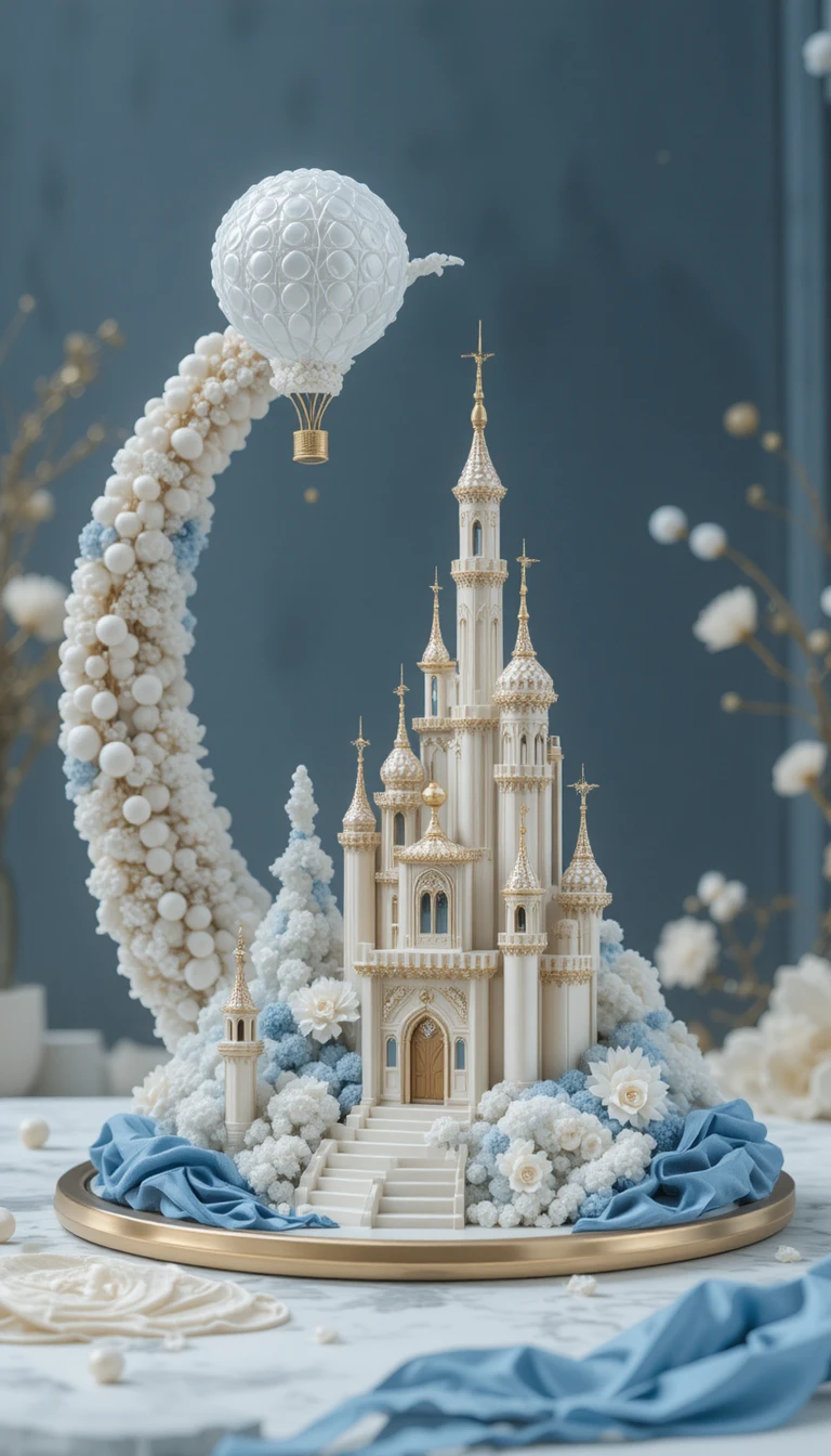 Cena minimalista de castelo em vetor com balão e pérolas