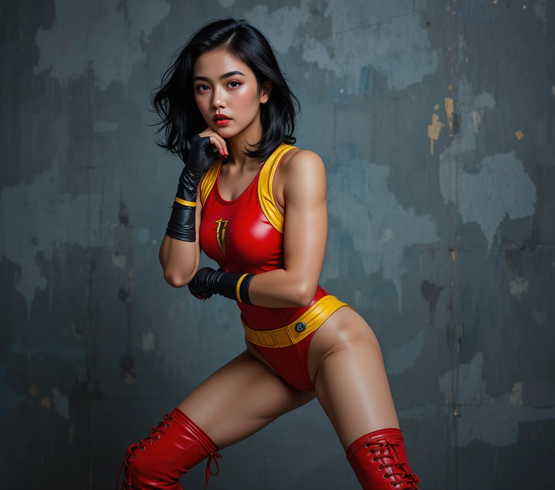 Athletic young woman in heroic red costume posing in studio