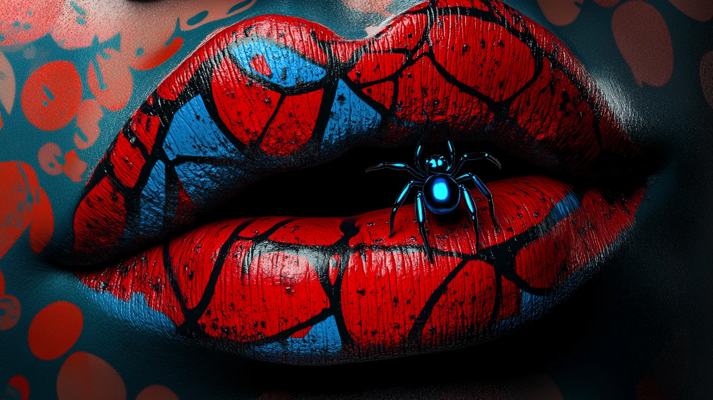 Gros plan pop art de lèvres rouges et bleues brillantes façon comic