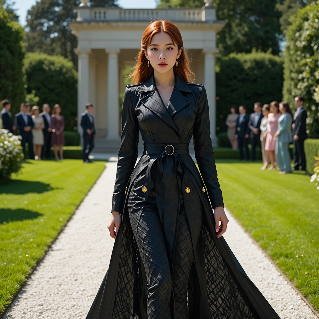 Korean woman in woven black trench gown crossing garden