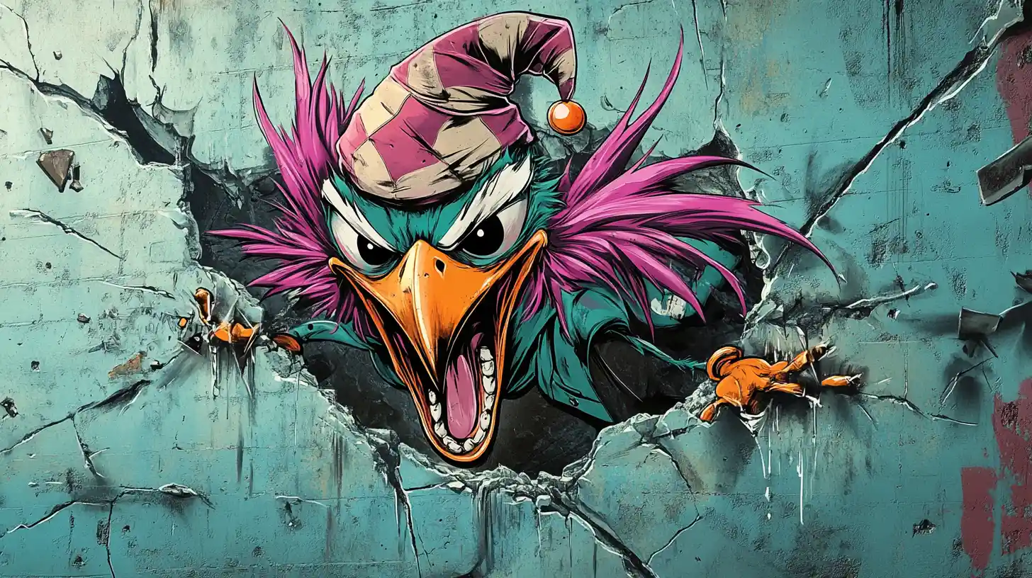 Furious graffiti bird mascot smashing through wall