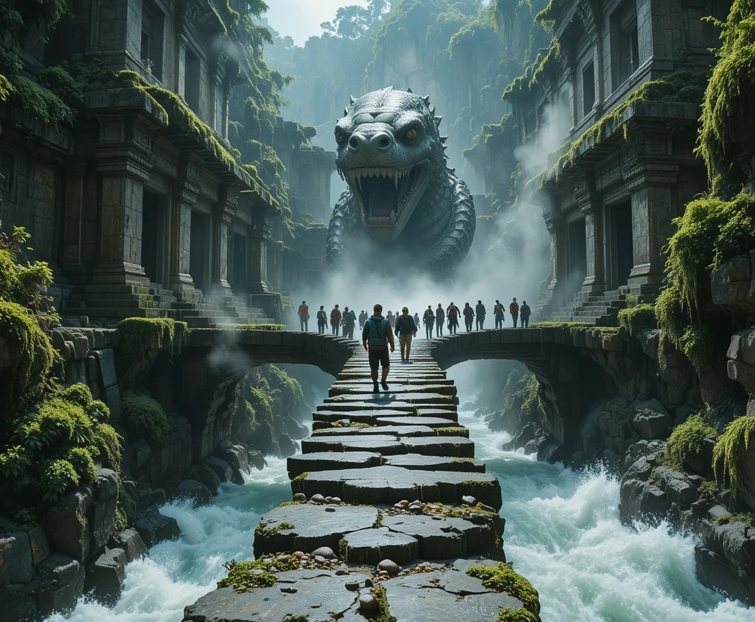 Aventureros huyen de un templo en ruinas sobre un río embravecido
