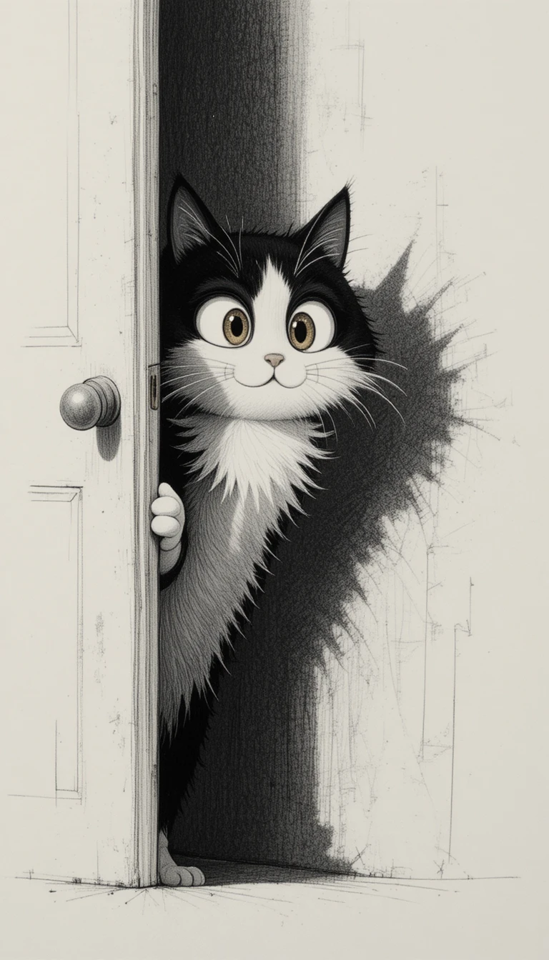 Cartoon-Katze lugt hinter einer Tür hervor mit Kätzchenstrauß