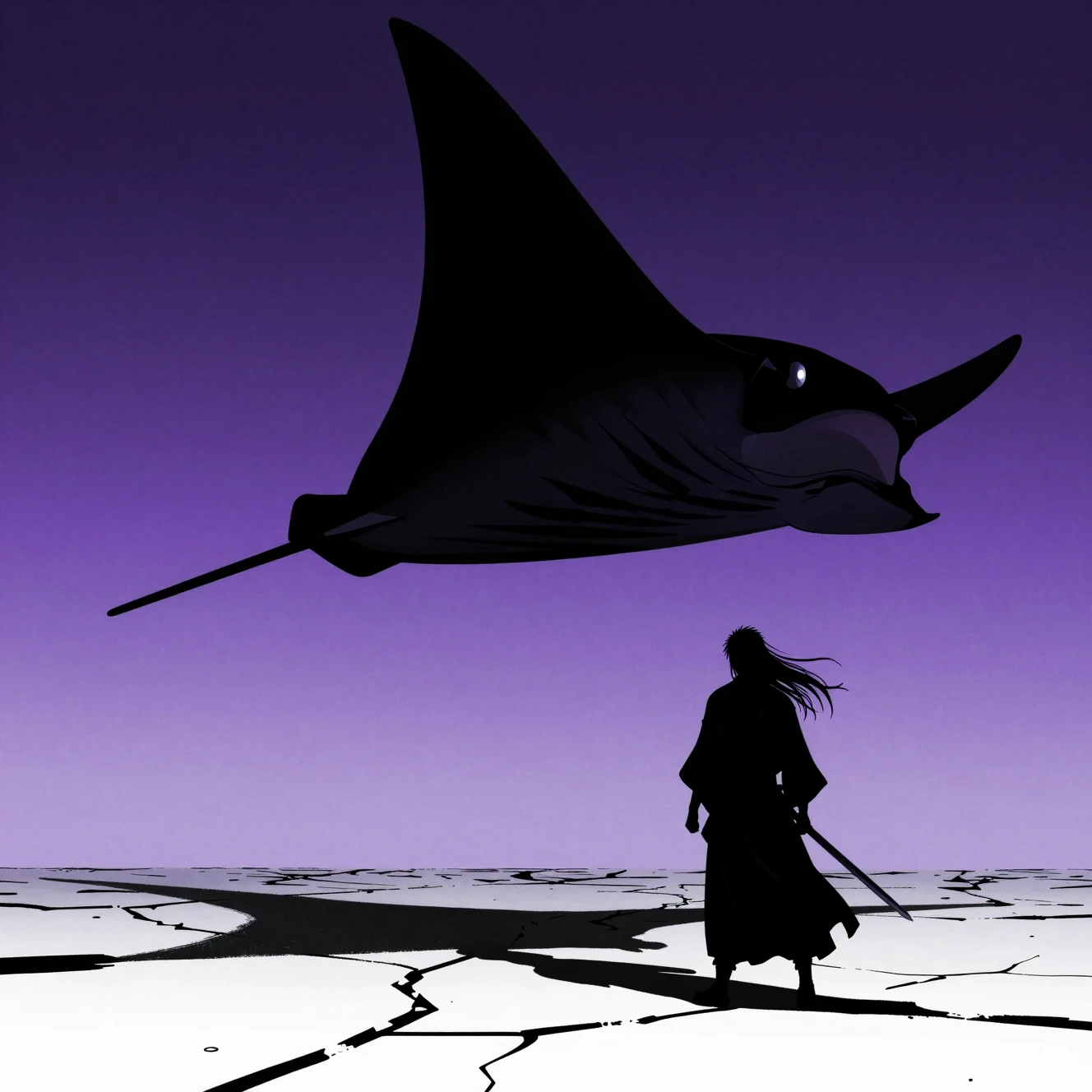 Giant manta ray silhouette above lone swordsman in purple sky