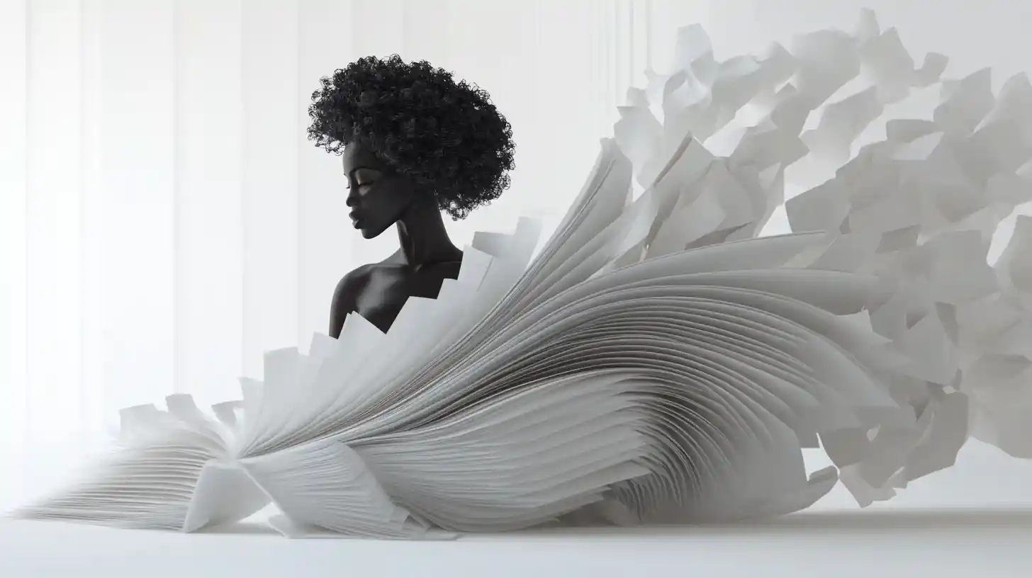 Donna nera surreale che emerge da libro scultoreo in galleria