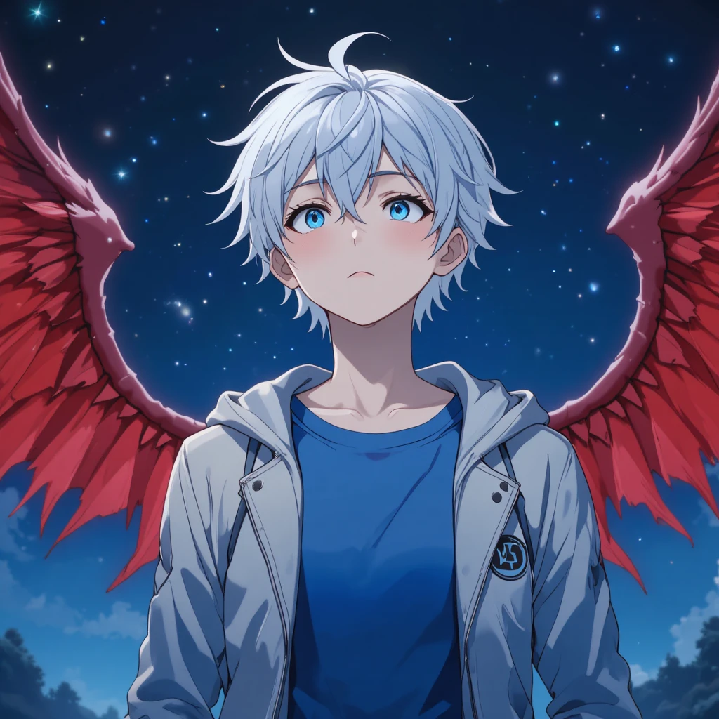 White haired anime boy with red wings under night stars