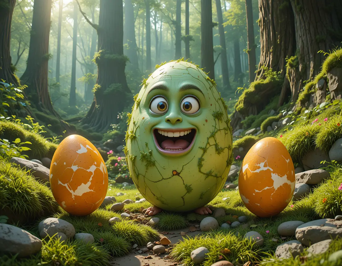 Œufs fantastiques multicolores éparpillés sur le sol d’une forêt luxuriante