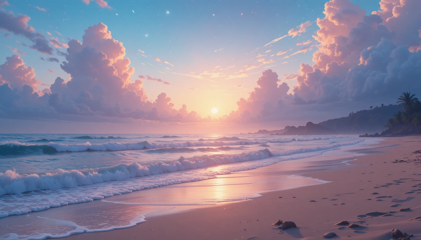 Spiaggia anime pastello al tramonto con onde dolci