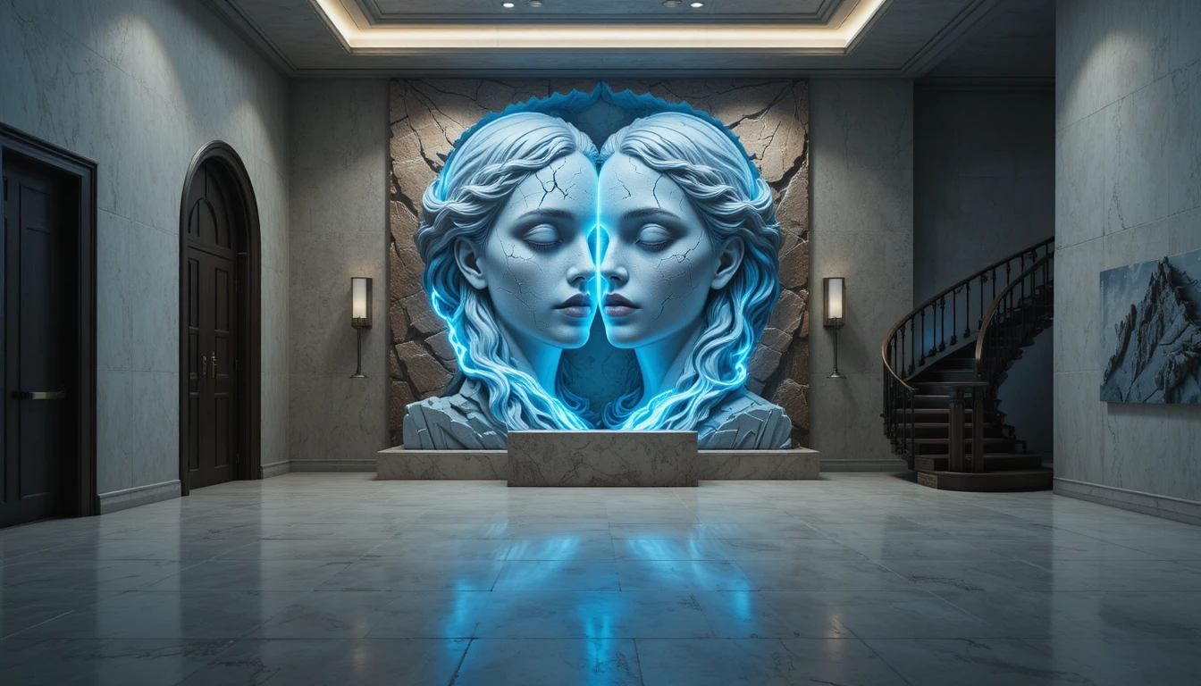 Stiller Flur mit monumentalem Steinrelief und Wendeltreppe