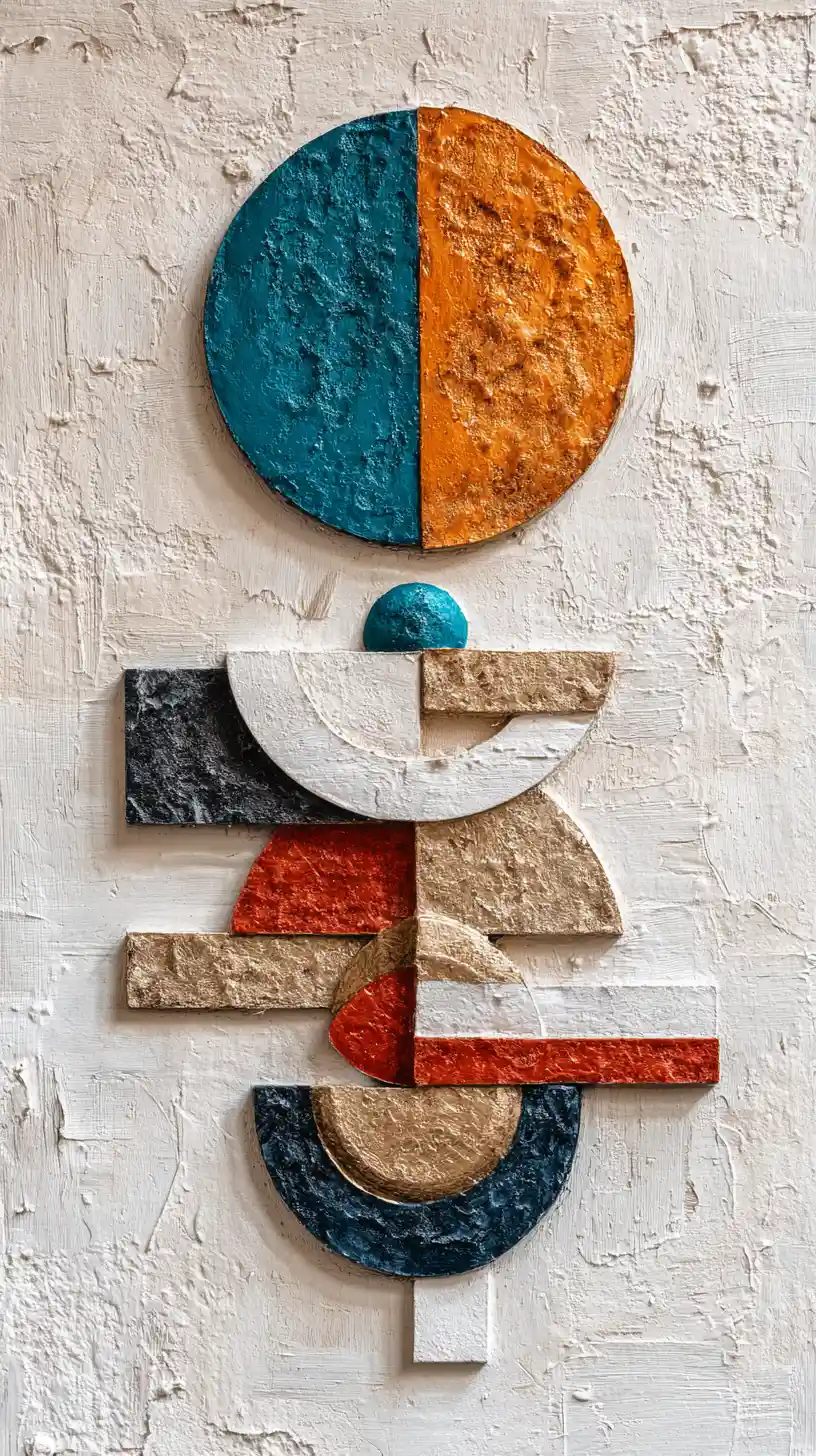 Abstract geometric relief mural with textured circles