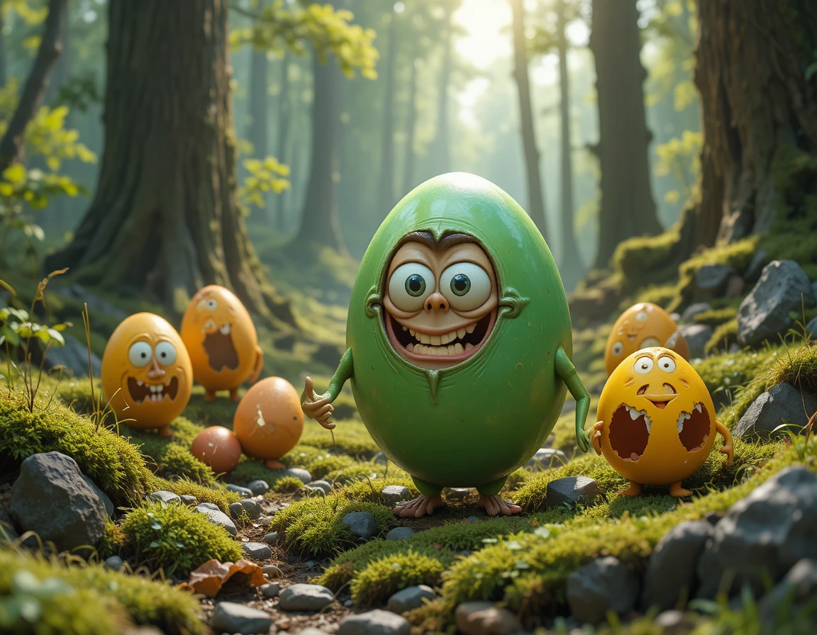 Géants œufs colorés éparpillés sur un sol forestier baigné de soleil