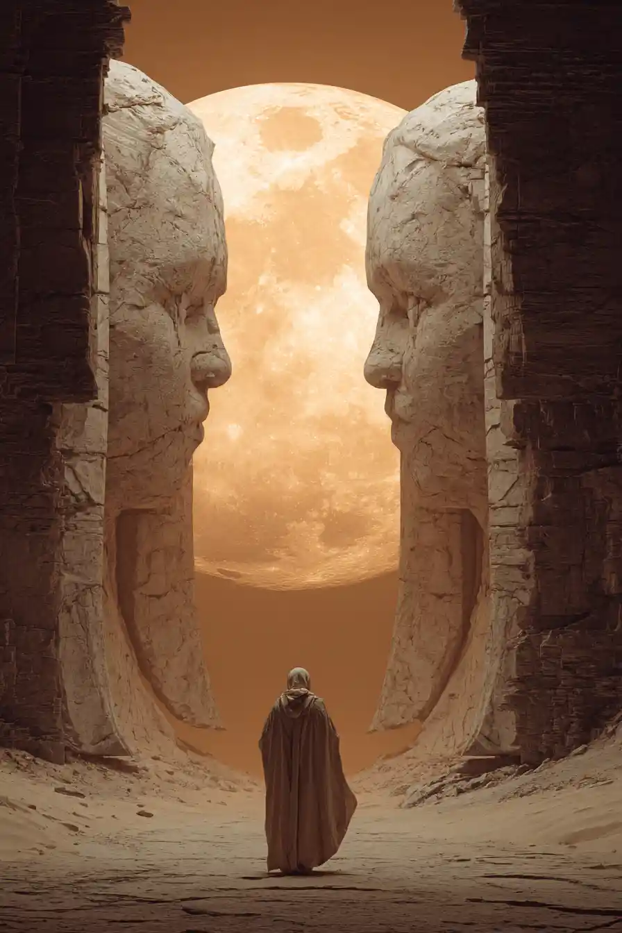 Lone Wanderer Before Monumental Desert Stone Guardians