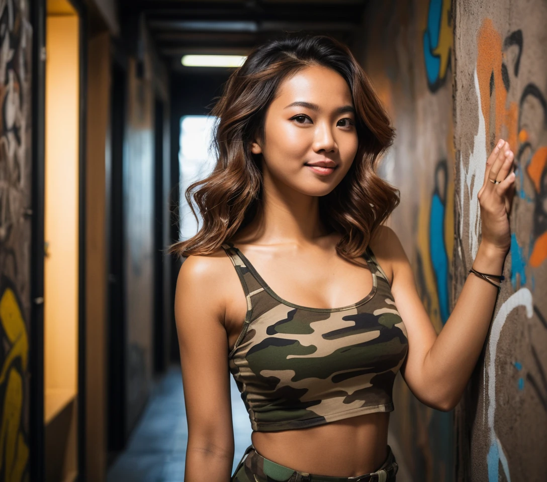 Confident asian woman in camo jumpsuit in modern hallway