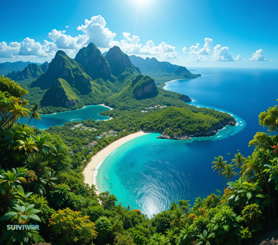 Vista aerea di isola tropicale lussureggiante e mare turchese