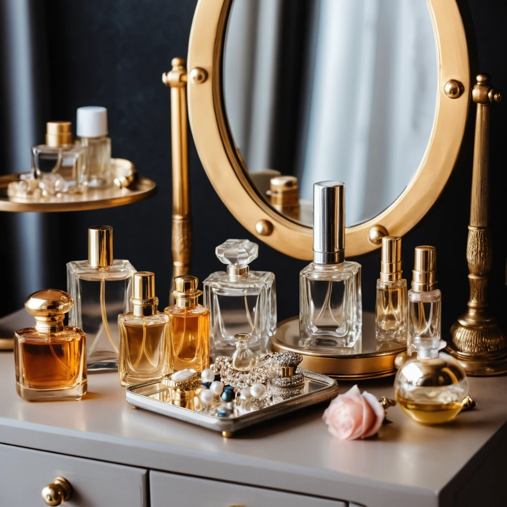 Frascos de perfume vintage e joias em uma penteadeira elegante