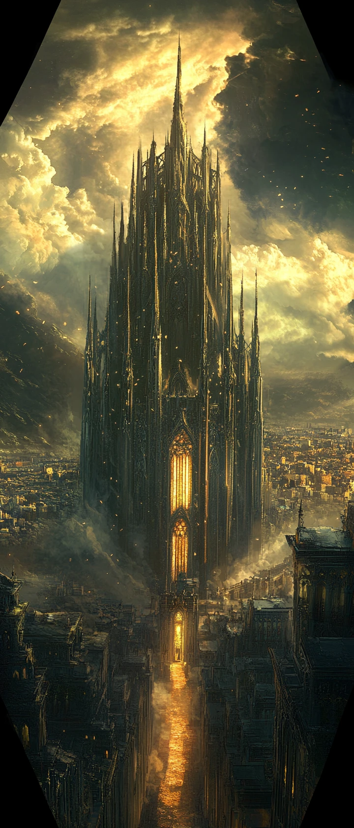 Catedral gótica domina uma cidade tempestuosa ao anoitecer