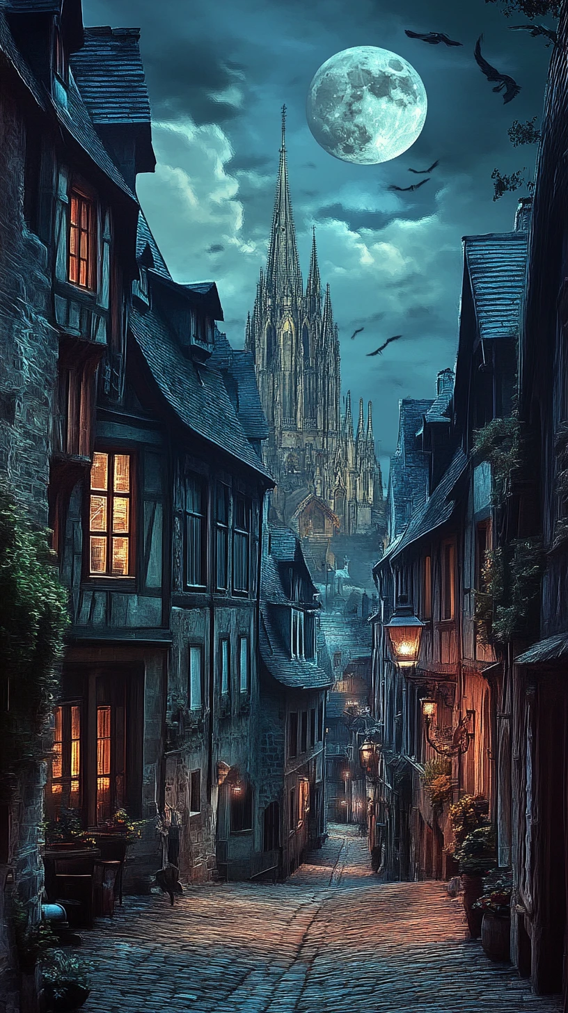 Rua de paralelepípedos ao luar em uma misteriosa cidade europeia