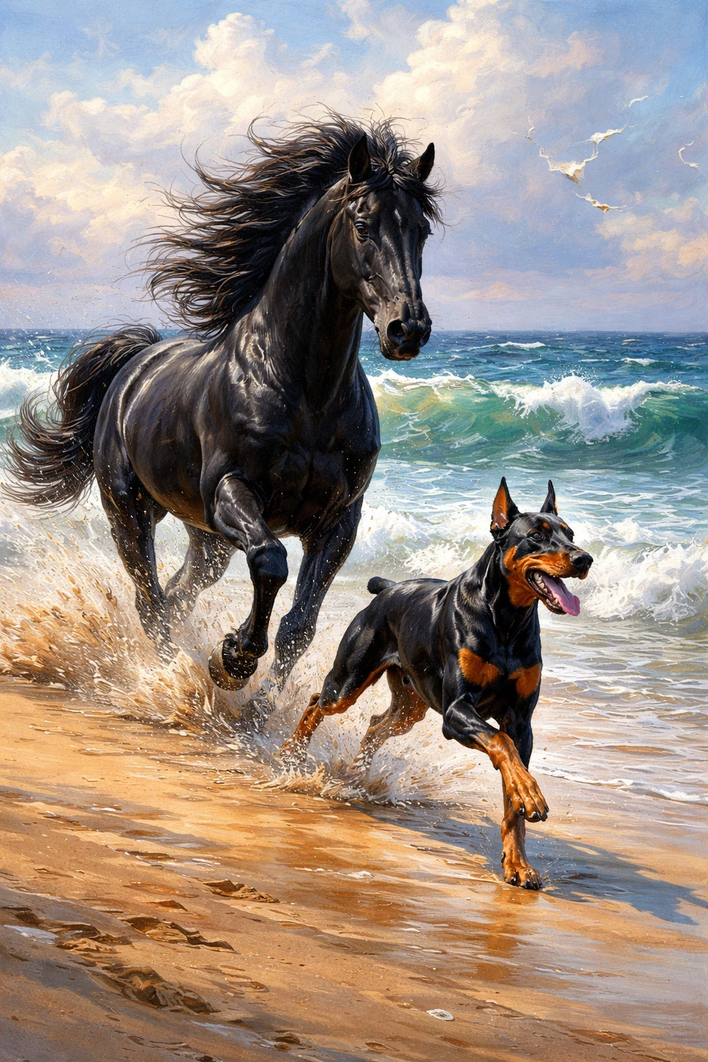 Black horse and Doberman running together on the beach