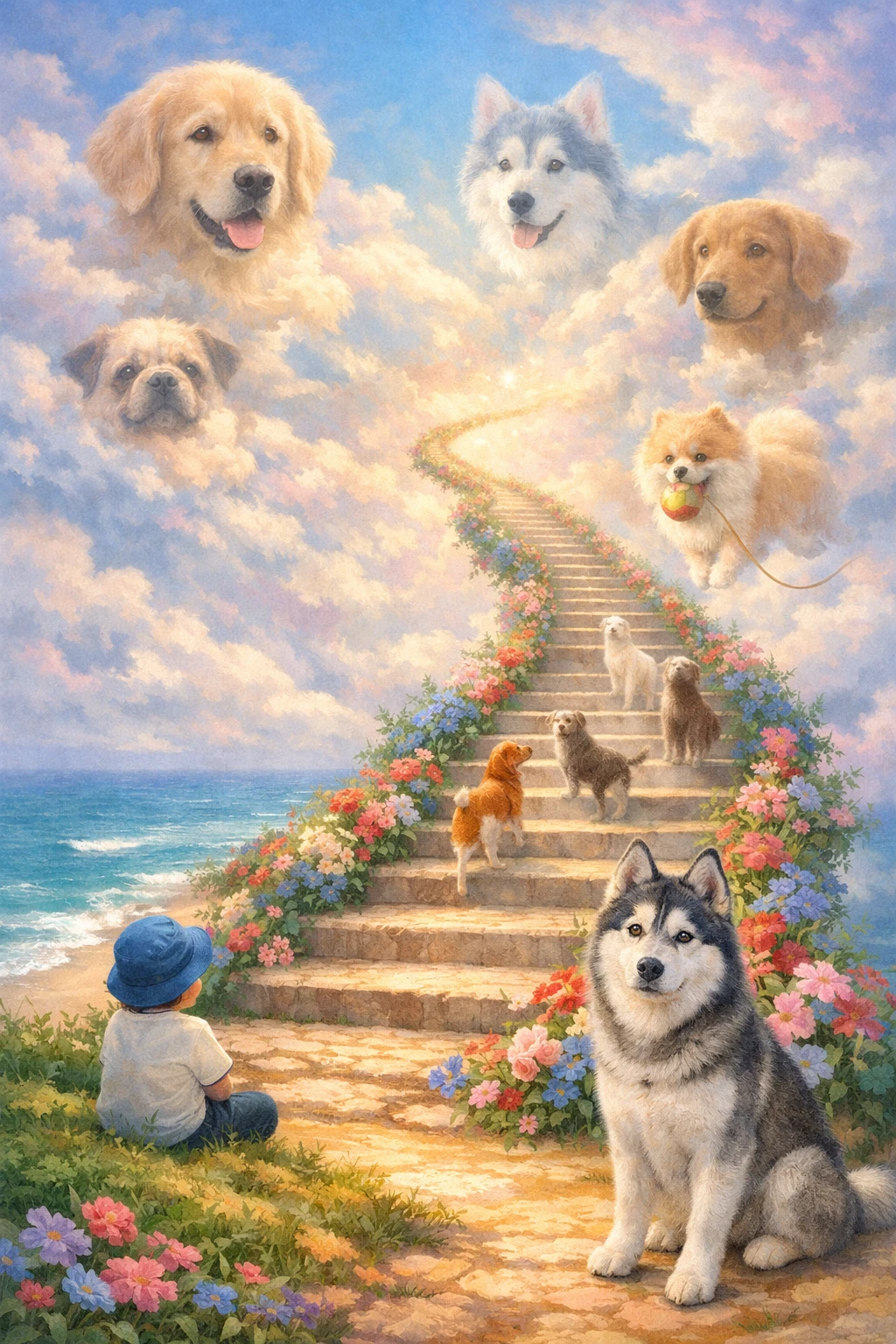 Criança e husky em uma escadaria florida para o céu