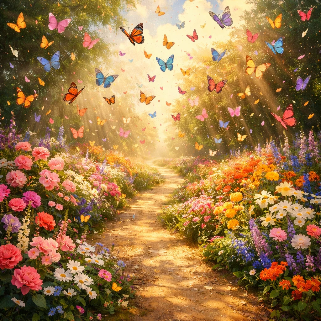 Colorful flower path with butterflies in radiant light