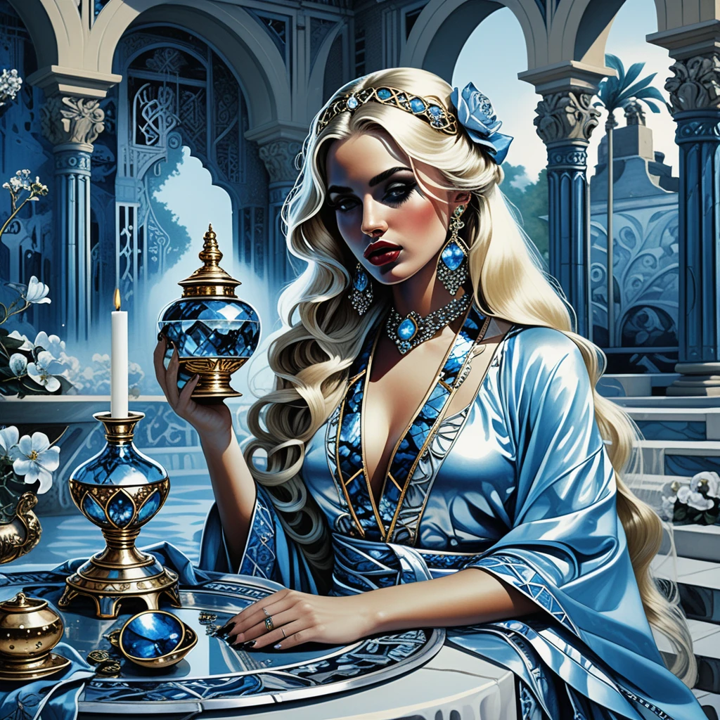 Mystical blonde enchantress at a gilded table in a villa