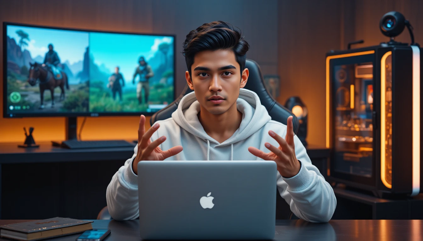 Giovane uomo indiano che parla a una scrivania da gaming cinematografica