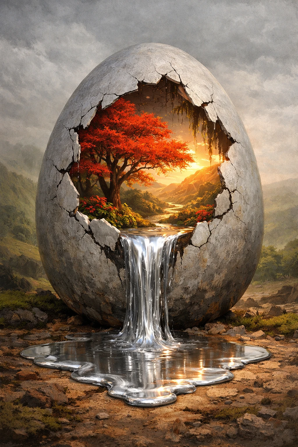 Œuf fêlé surréaliste révélant un arbre lumineux et un monde intérieur