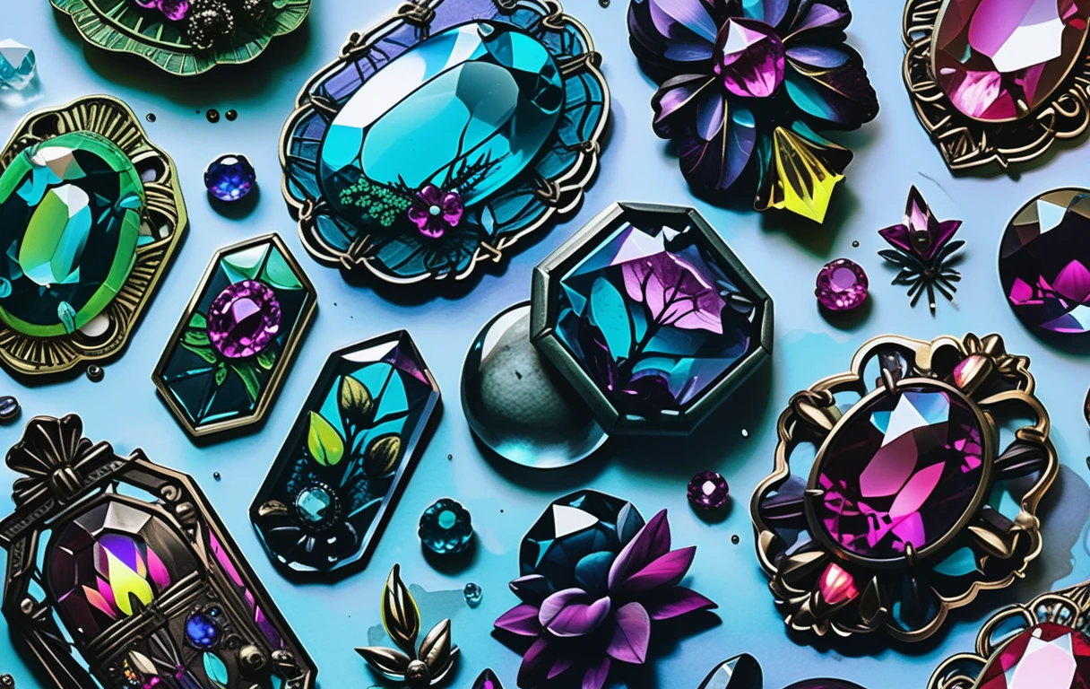 Bohemian goth gemstone jewelry illustration with neon crystal accents