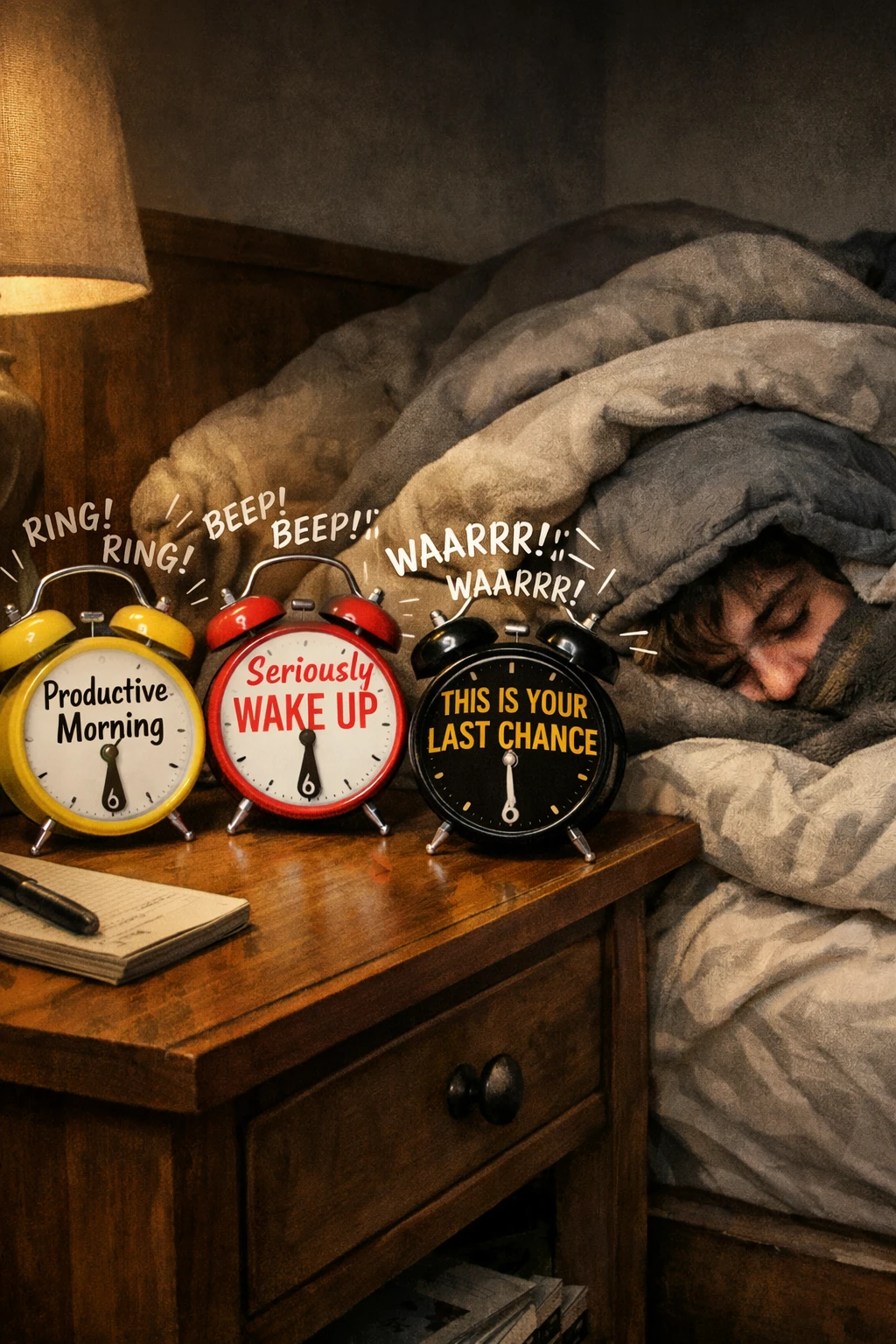 Three loud alarm clocks beside a sleeping exhausted person