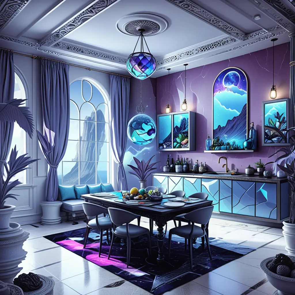 Isometrisches Miniatur-Dining-Interior mit Loft-Schlafzimmer und Wasser