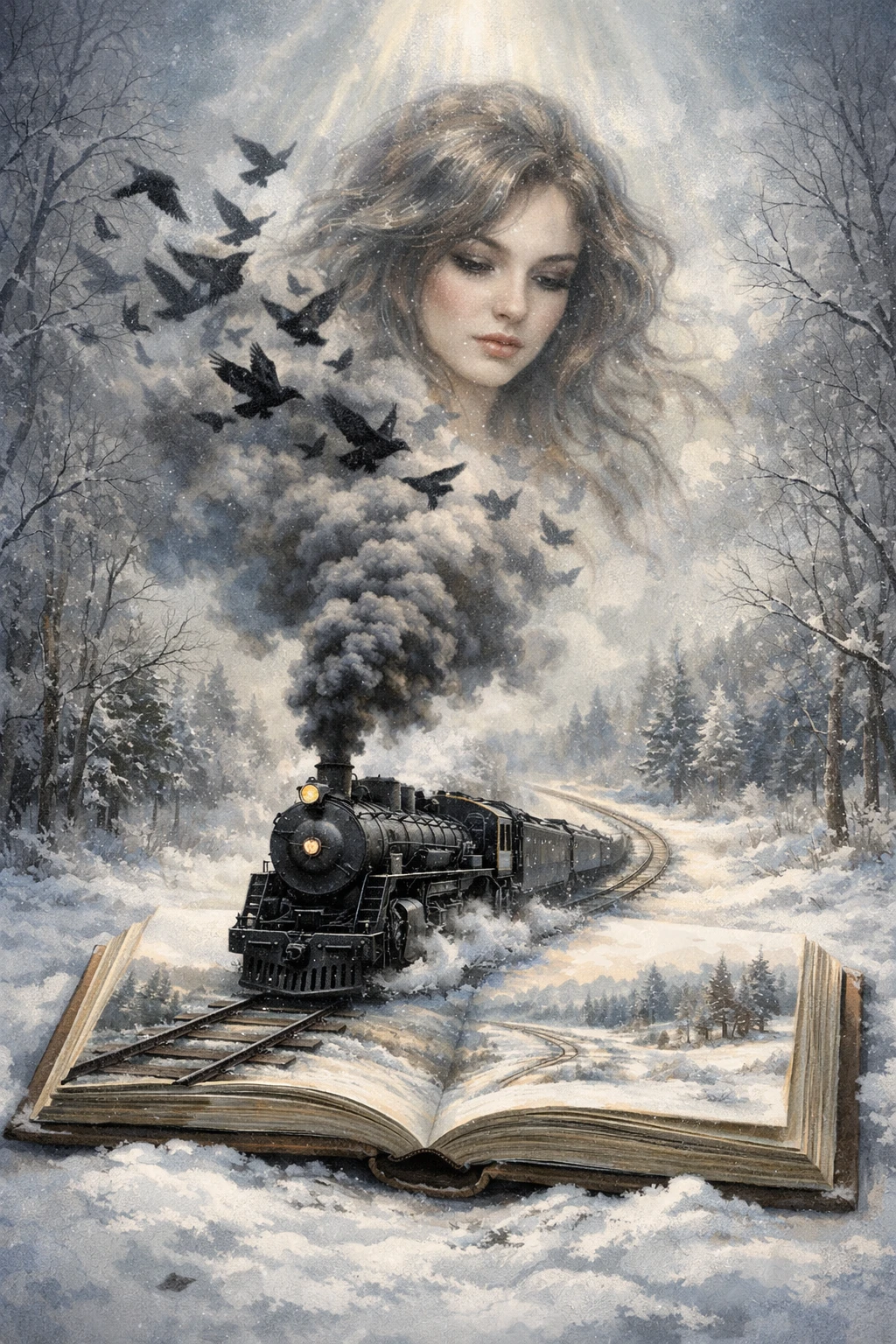 Treno a vapore che emerge da un libro aperto in una foresta invernale