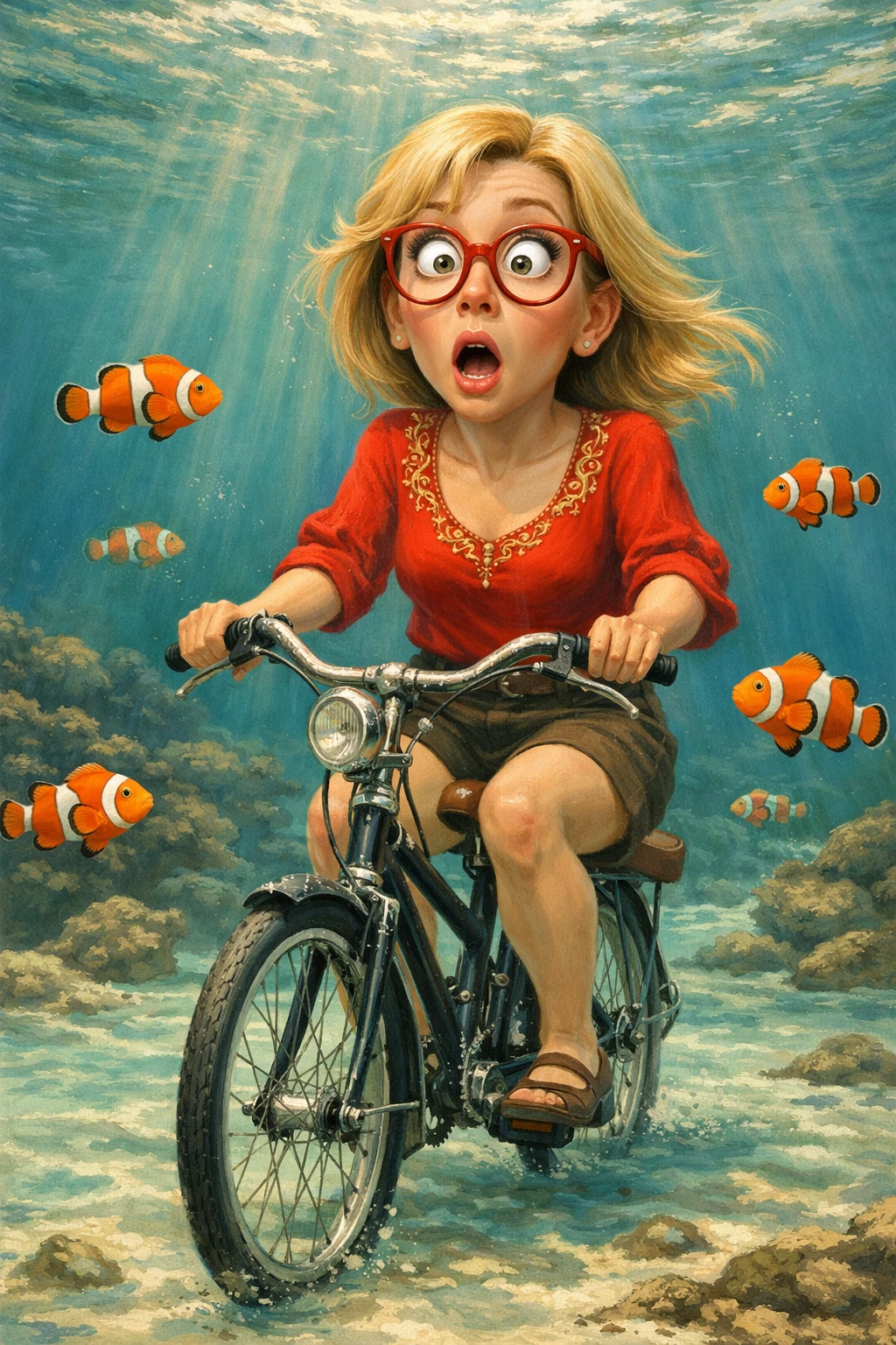 Surreal woman biking dry along a crystal sea floor