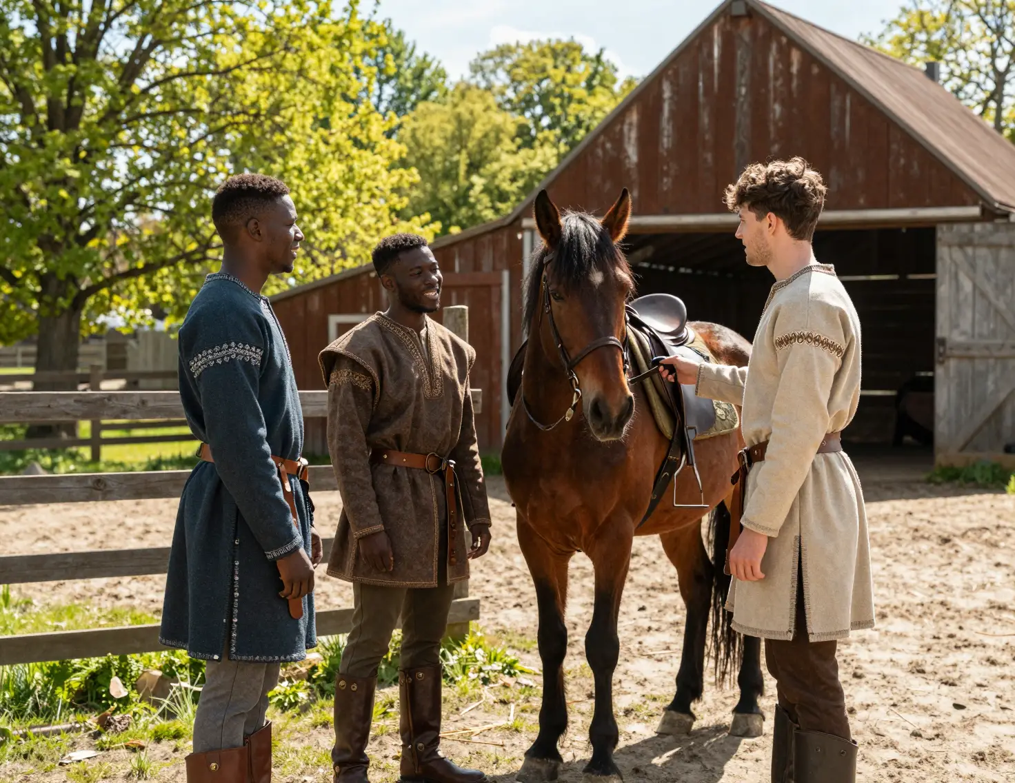 Three young men with a horse in a sunny corral