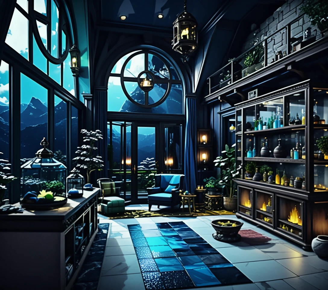 Interior estilizado de casa de dois andares com detalhes de loja de fantasia