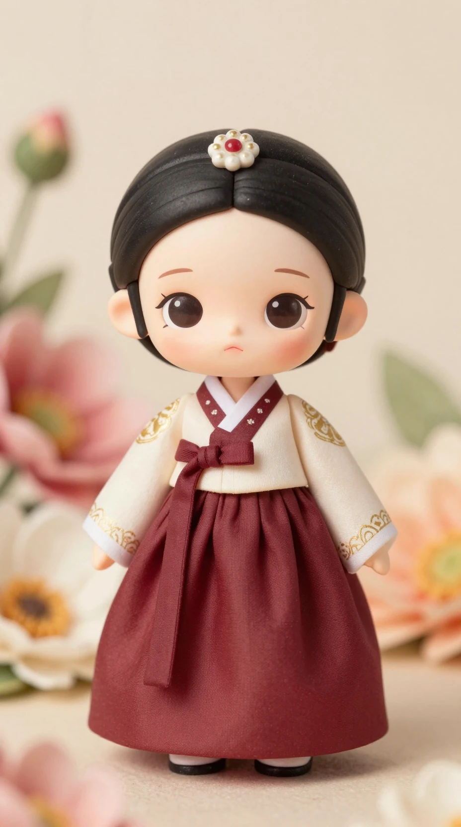 Boneca miniatura de hanbok entre flores gigantes suavemente desfocadas