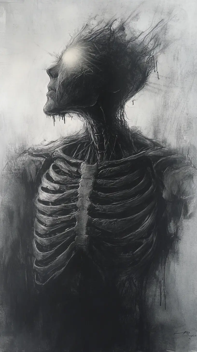 Surreal ribcage silhouette with glowing inner eyes and fire