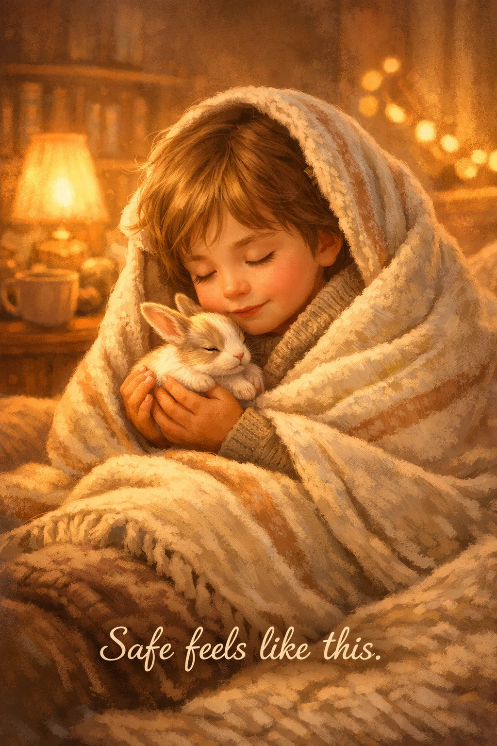 Child cuddling a baby rabbit in a warm cozy illustration