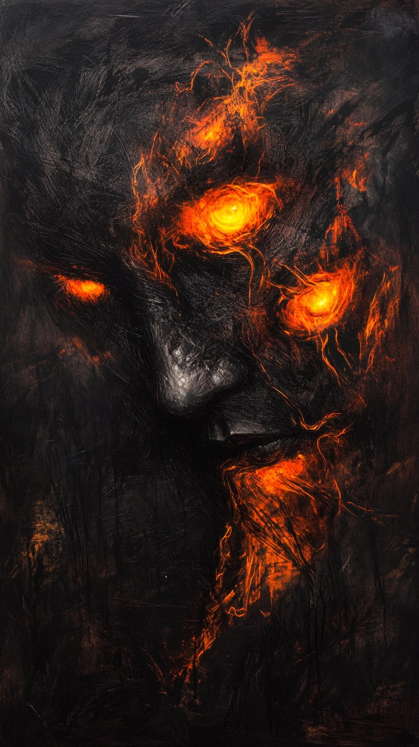 Figura esquelética surreal com olhos brilhantes e aura flamejante