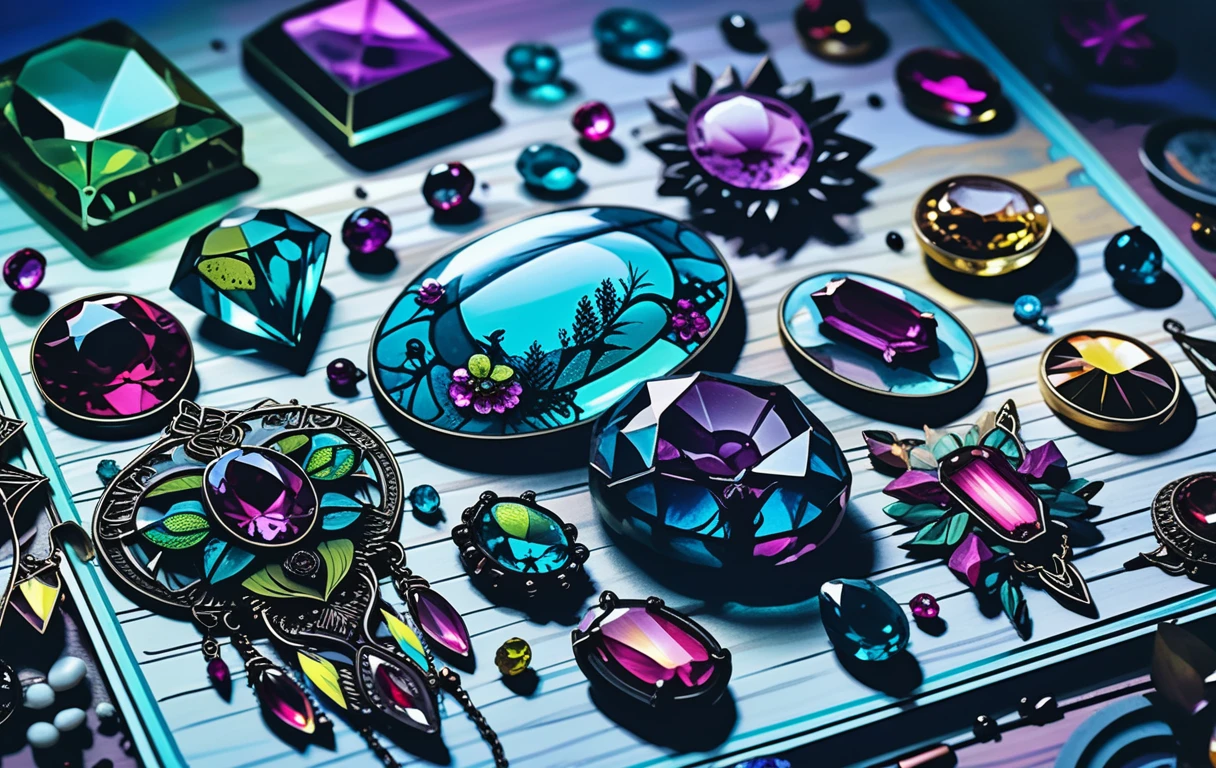 Bohemian goth gemstone jewelry illustration with neon crystal accents